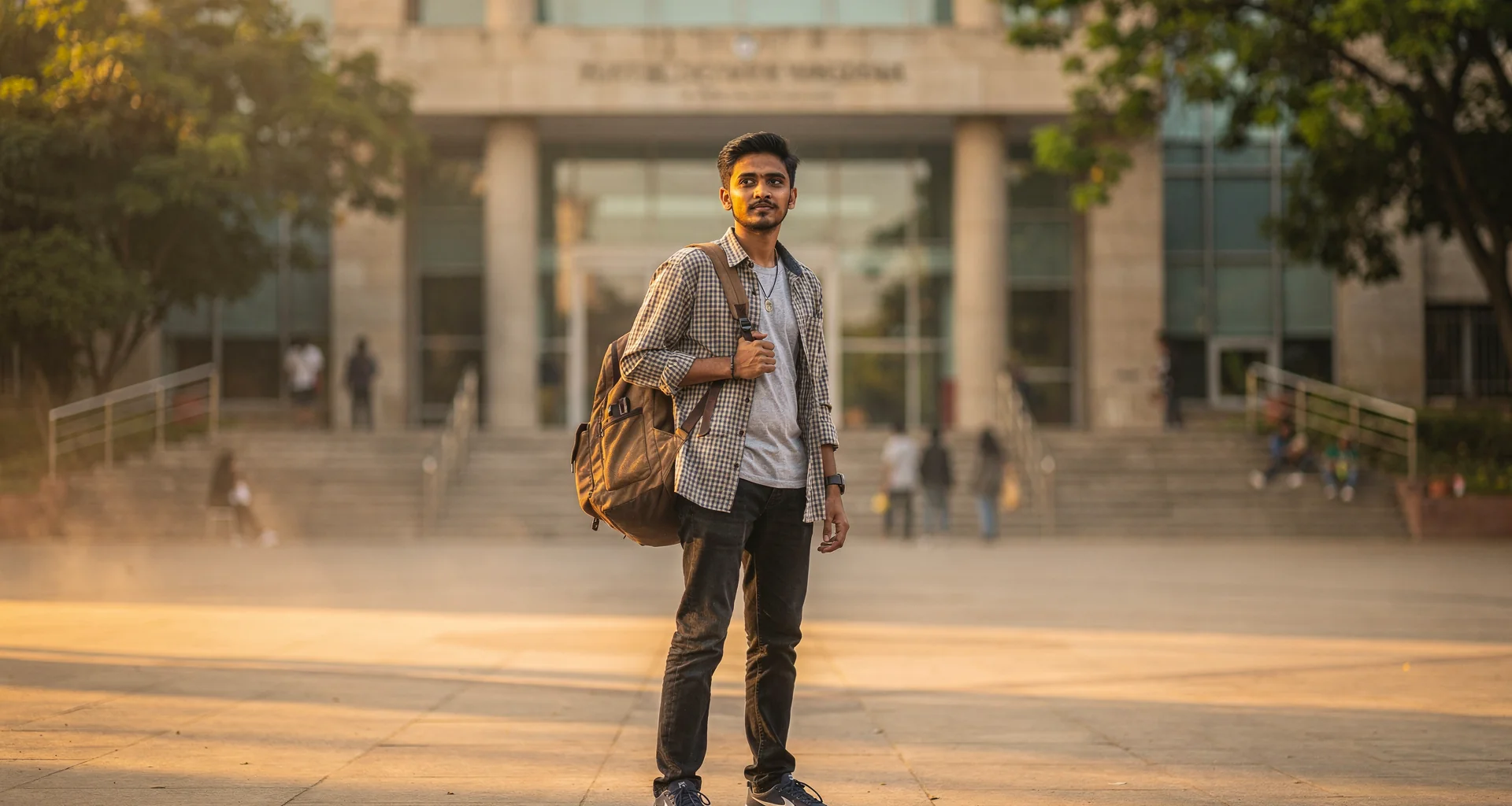 A young Indian student standing outside a college building early in the morning with backpack in soft sunlight
