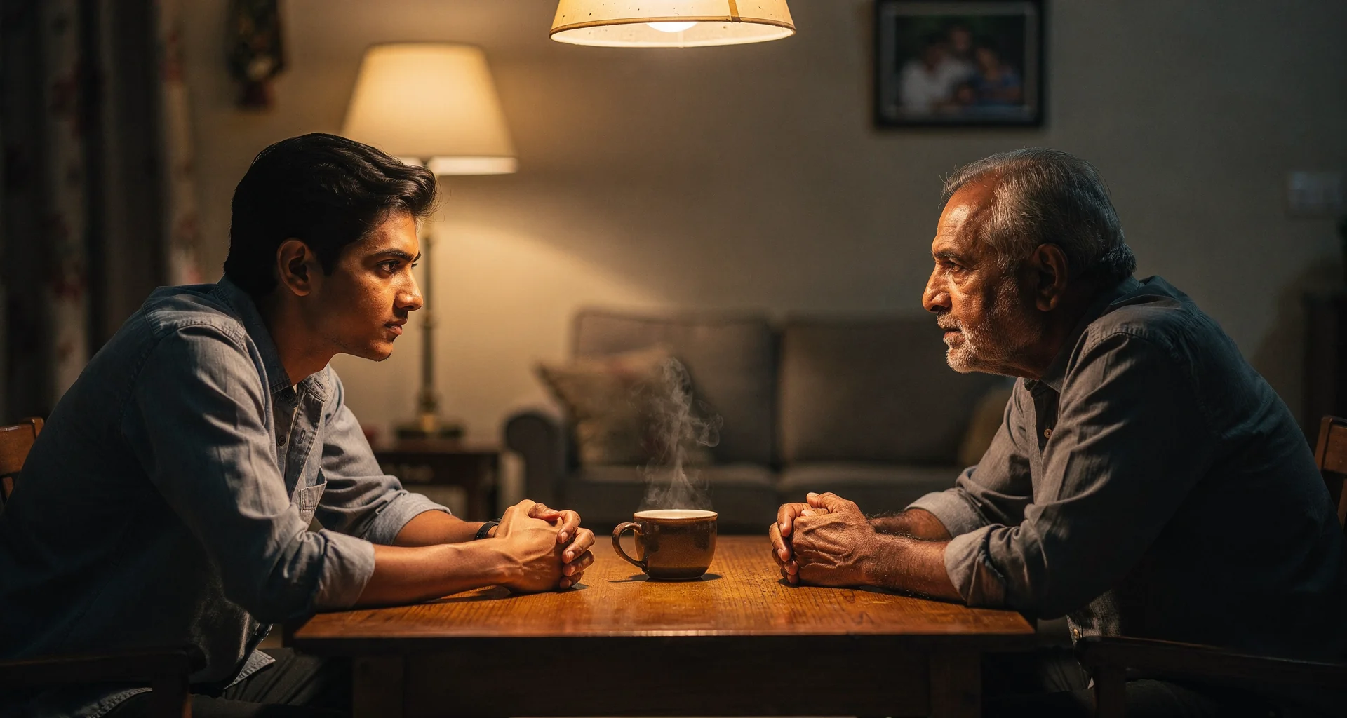 A young adult sitting across from an attentive older father figure at a table in a quiet Indian home