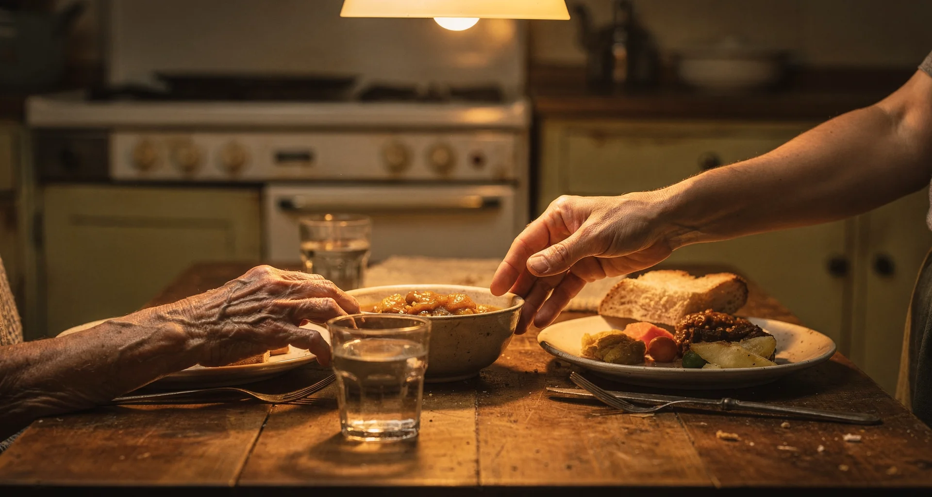An elderly hand and a younger hand sharing a simple meal at a modest kitchen table in warm light