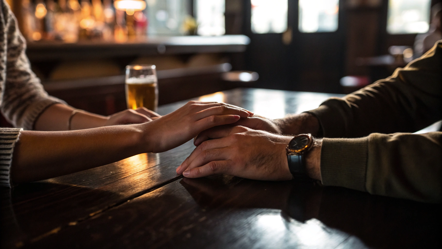 Two hands resting near each other on a worn wooden table in warm evening light