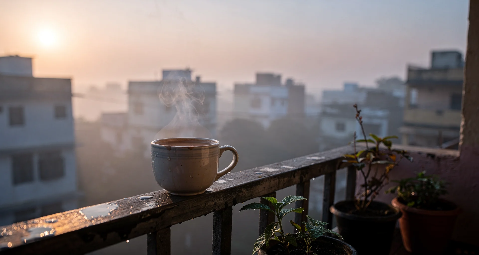 A quiet Indian balcony at early morning mist with an untouched cooling cup of chai on the railing