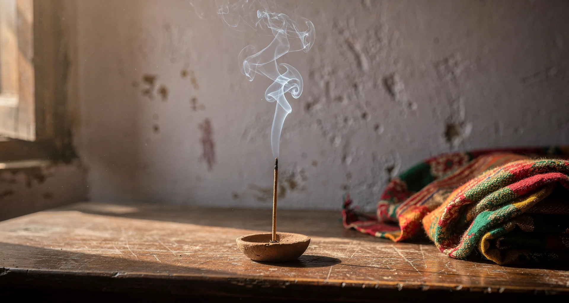 A single lit incense stick with smoke rising in warm natural light