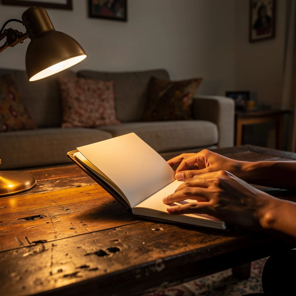 Hands gently opening a fresh, blank notebook on a wooden table