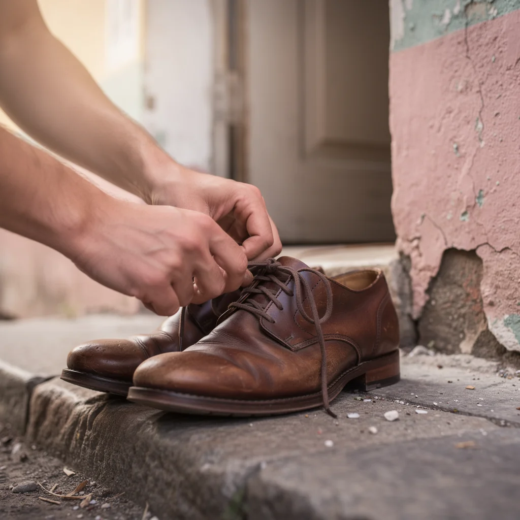Hands tying shoes quietly by an Indian domestic doorway
