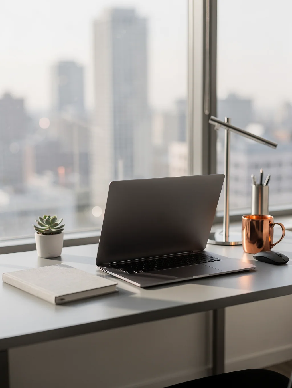 Architectural minimal desk space with earthen incense burner and soft shadows