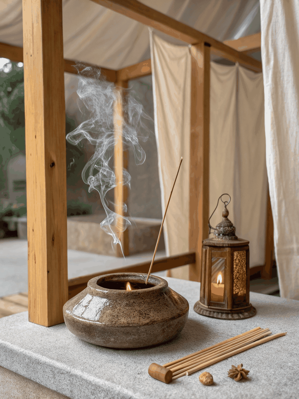 Warm brass incense holder with fresh florals and festive glowing atmosphere