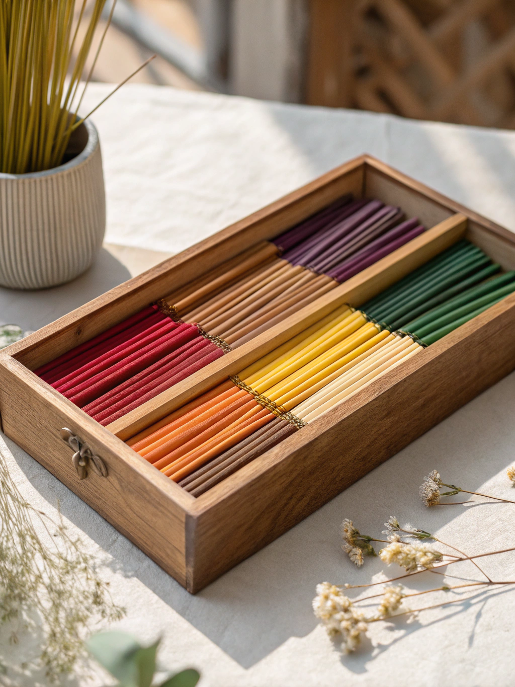 Handcrafted natural incense sticks placed alongside white silk and sacred ritual elements