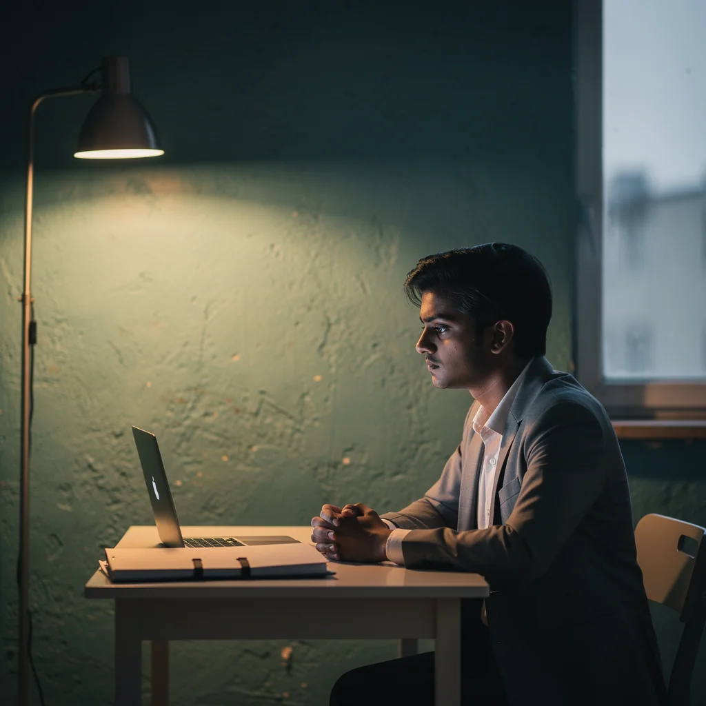 Someone sitting alone in contemplative quiet before an interview