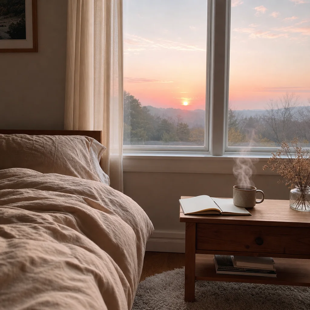 Someone quietly placing their feet on the floor, getting out of bed at dawn