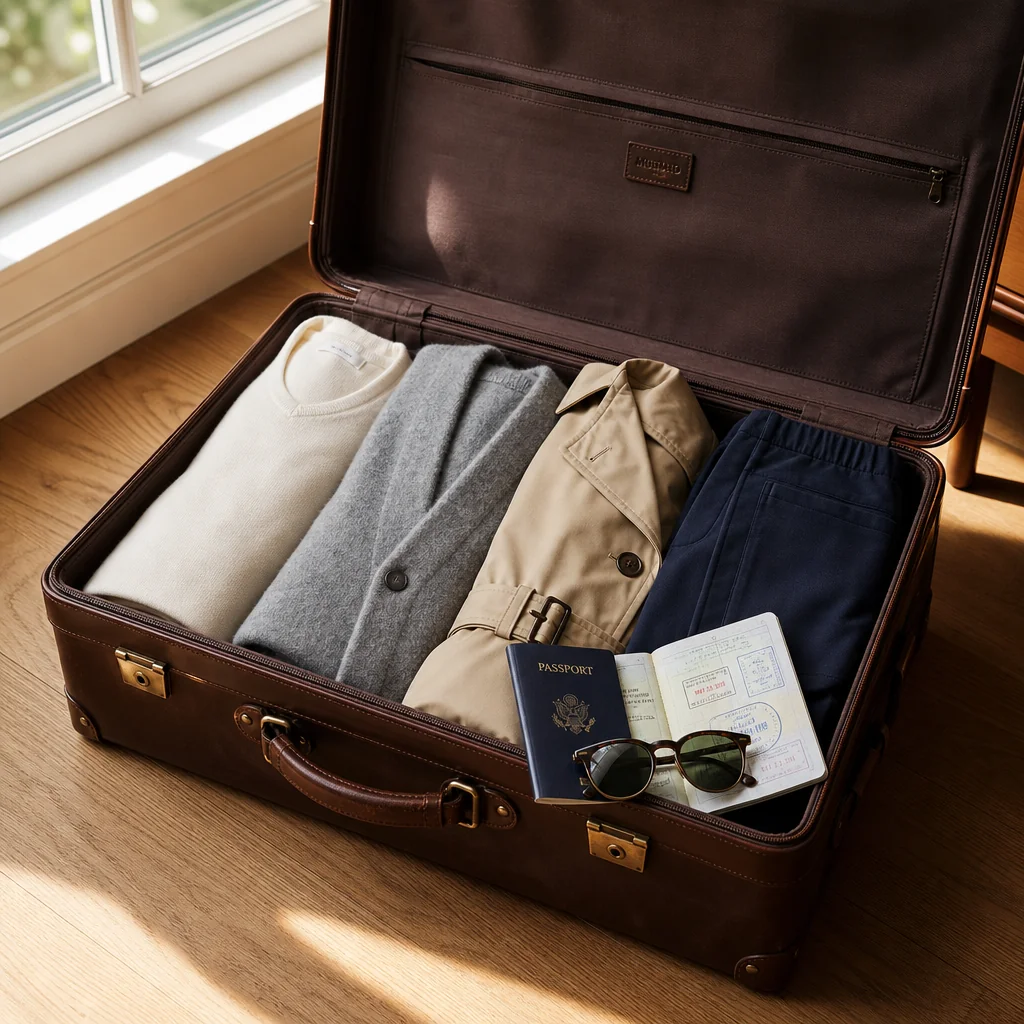 A suitcase beside a wooden door in quiet morning light